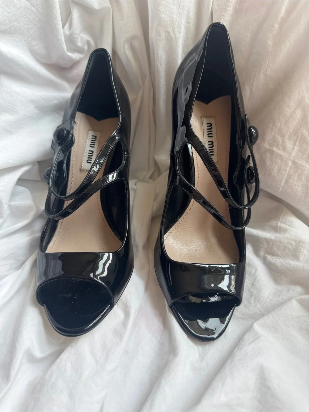 Miu Miu Black Patent Leather Mary Jane Peep-Toe Heels with Double Straps